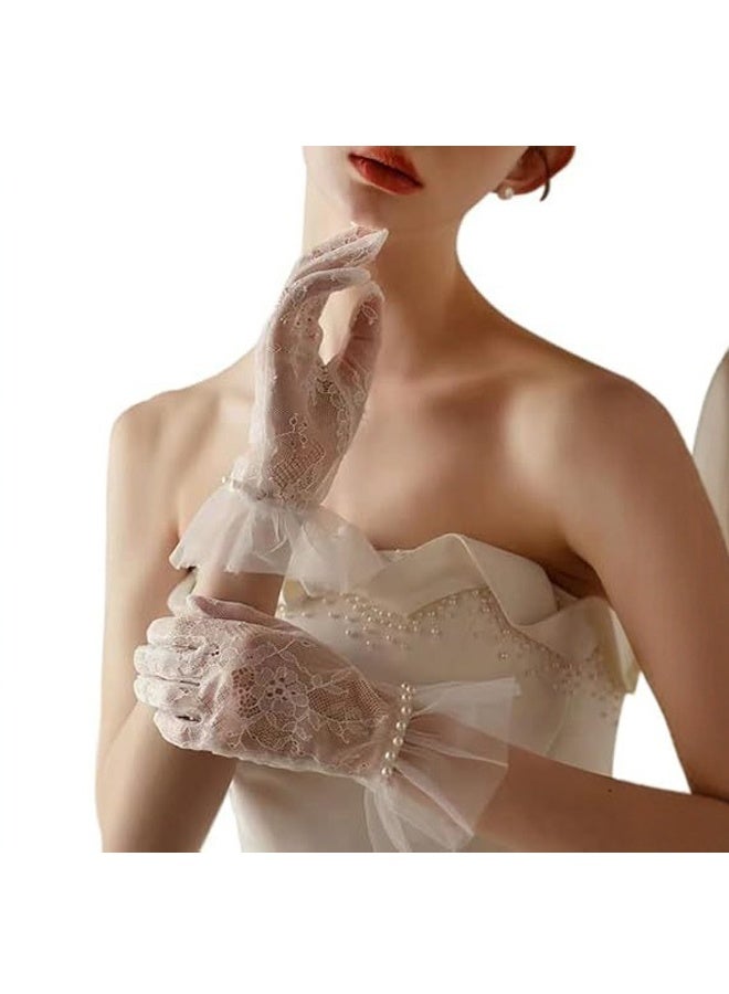 Women's Lace Gloves - Elegant Short Lace Net Gloves for Bridal Wear - Sheer Delicate Lace Pearl Gloves for Weddings, Formal Events, Tea Parties, Opera, for Bridal Gowns (white) - Image 3